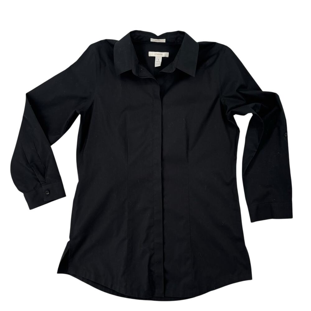 Chicos Long Black Cotton Button Up Shirt Womens Size Medium No Iron